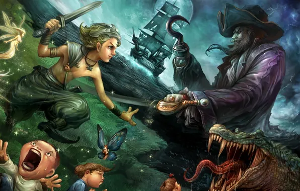 Children, the moon, ship, tale, crocodile, fairy, fantasy, pirates