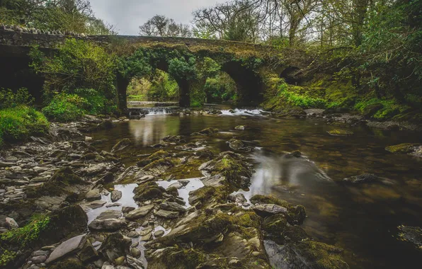 Bridge, reflection, river, stones, mirror, rainy