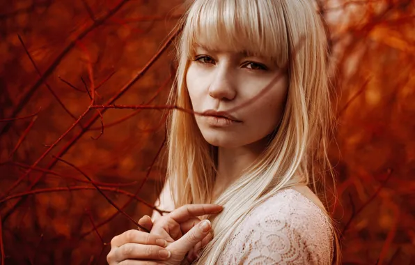 Look, branches, face, portrait, blonde