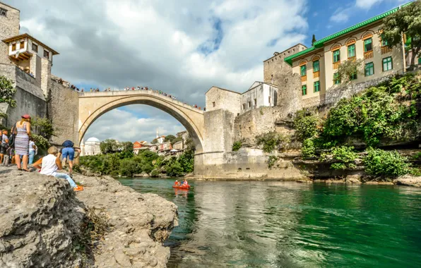 Landscape, bridge, the city, river, people, boat, building, home