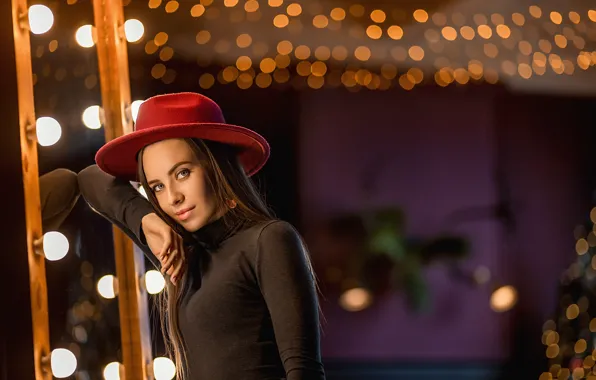 Picture look, girl, pose, glare, portrait, hat, mirror, light bulb