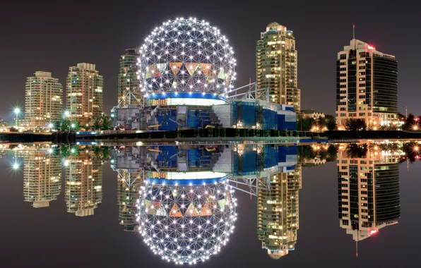 Night, lights, reflection, Canada, Vancouver