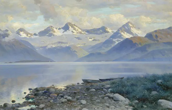 Picture landscape, boat, picture, Constantine Kryzhitsky, Lake in the Mountains