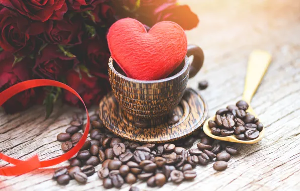 Table, heart, roses, grain, bouquet, tape, Cup, red