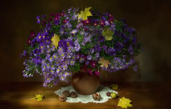 Picture flowers, bouquet, still life, asters, autumn leaves
