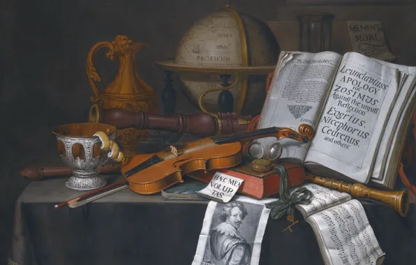 Picture oil, canvas, lemon zest and musical instruments, Evert Collier, Still life with a globe, Edwaert …
