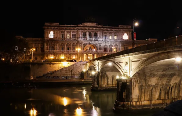 Night, bridge, Rome, Italy, The Vatican