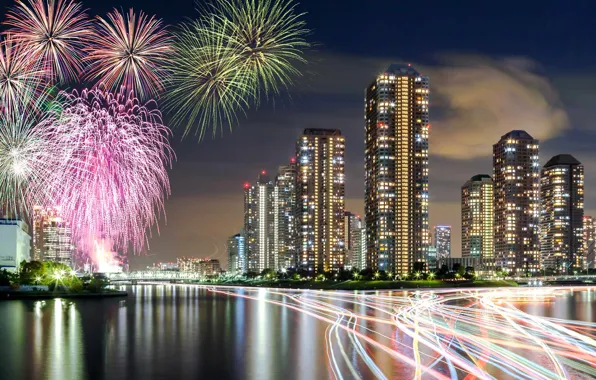 Lights, home, salute, Japan, Tokyo, fireworks