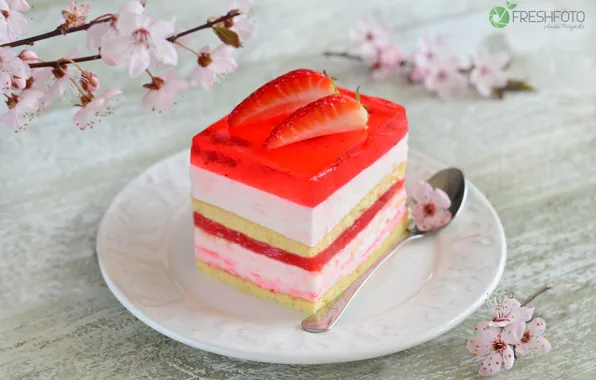 Picture cherry, strawberry, cake, layers, cream
