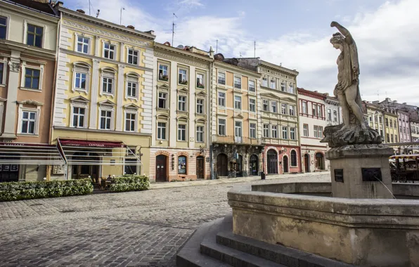 Pavers, fountain, Ukraine, Lions, Market Square