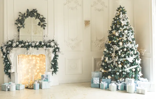 Picture decoration, house, room, balls, tree, interior, New Year, Christmas