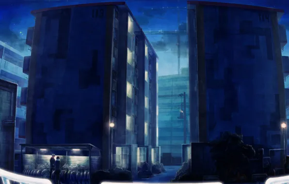 Picture the sky, girl, stars, night, bike, the city, lights, tree, home, anime, art, guy, +15