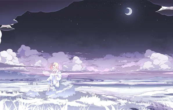 Field, girl, stars, clouds, night, nature, a month, anime