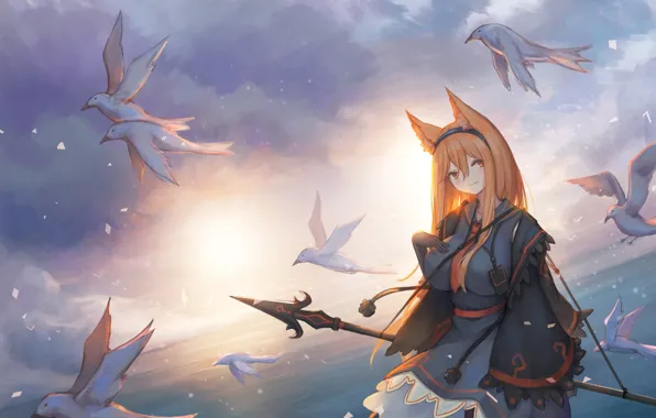 The sky, water, girl, birds, spear, ears