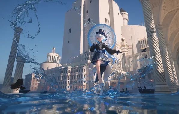 Water, girl, the city, umbrella, boat, crows, Genshin Impact, Krishna