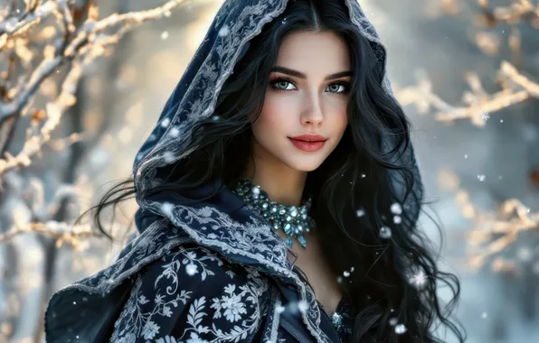Picture winter, girl, snow, brunette, AI art, neural network