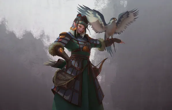 Girl, Fantasy, Art, Style, Falcon, Background, Illustration, Minimalism