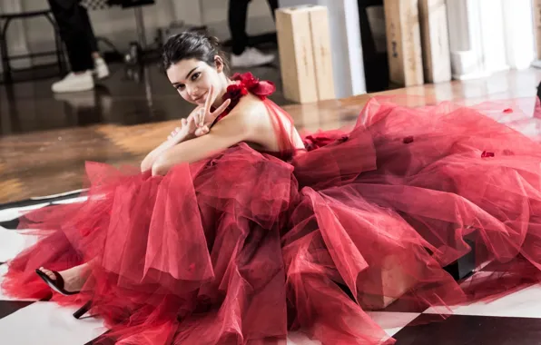 Red dress, sitting on the floor, Kendall Jenner, gesture V