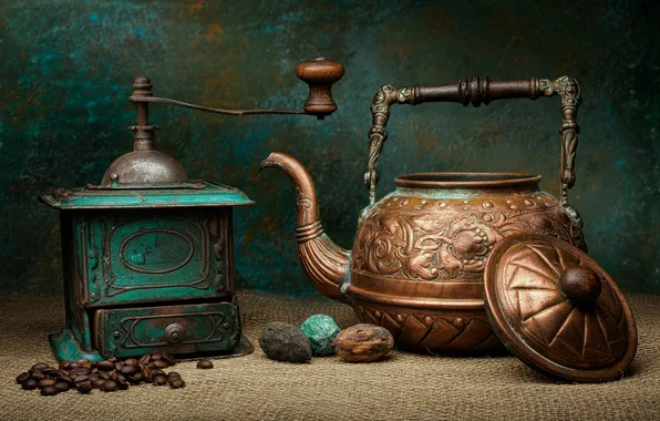 Coffee, kettle, still life, coffee beans