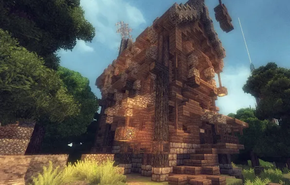 Forest, the sky, clouds, house, Minecraft, in mine creation