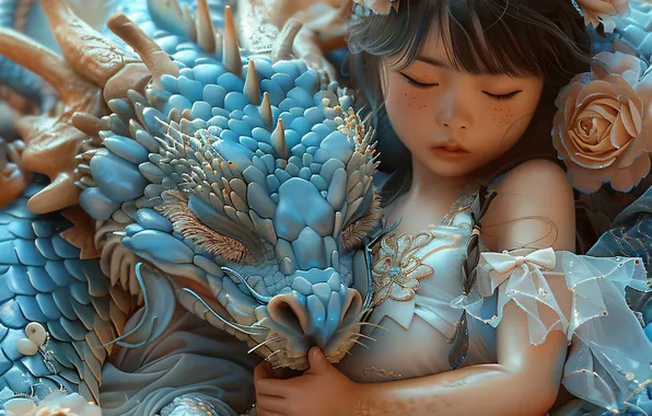 Face, pose, blue, dragon, sleep, roses, dragons, fantasy