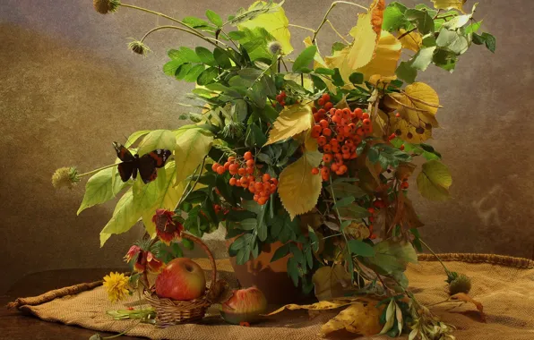 Picture autumn, leaves, branches, table, butterfly, apples, bouquet, vase