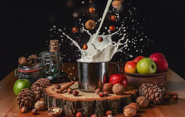 Apples, milk, mug, nuts, still life, bumps, the bryzkami, Olga Shatskaya