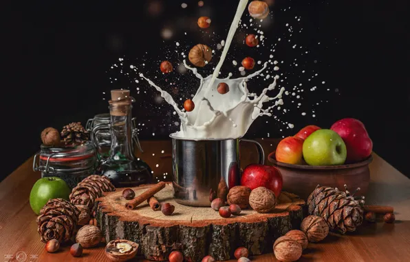 Picture apples, milk, mug, nuts, still life, bumps, the bryzkami, Olga Shatskaya