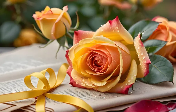 Drops, flowers, Rosa, rose, roses, tape, newspaper, water drops