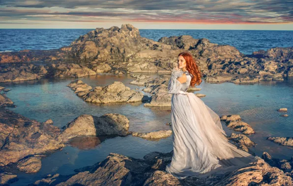 Sea, the sky, look, girl, nature, pose, photo, rocks