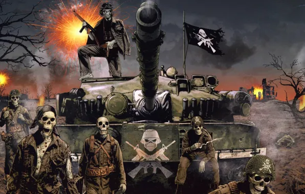 Flag, Soldiers, Gun, Tank, Explosions, Tank, Skeletons, Skulls