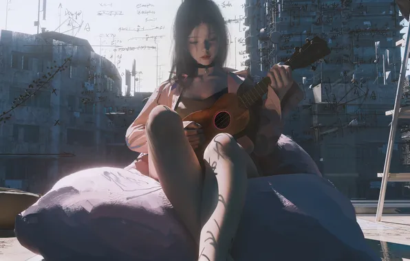 Girl, home, window, ukulele, WLOP