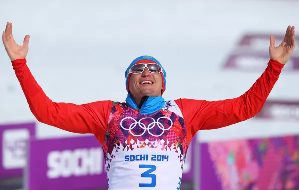 Picture happiness, victory, hands, glasses, skier, Olympic champion, RUSSIA, Sochi 2014
