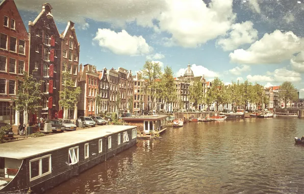 The sun, boats, Amsterdam, channel, Amsterdam