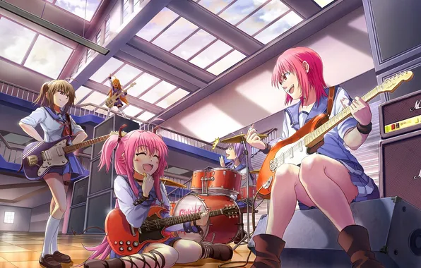 Picture girls, guitar, dynamics, art, form, school, musical instruments, angel beats!