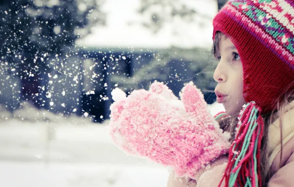 Winter, snow, Girl, mittens, blowing