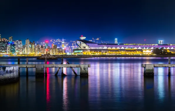 Night, the city, lights, Hong Kong, Kwun Tong Ferry Pier