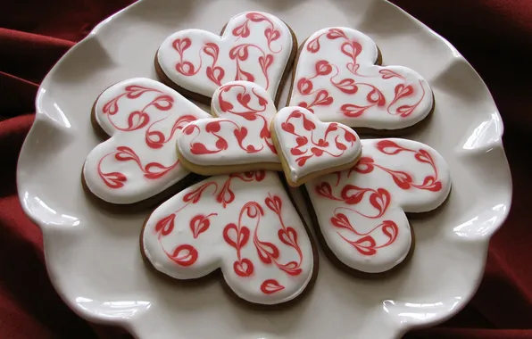 Picture patterns, cookies, plate, hearts, glaze