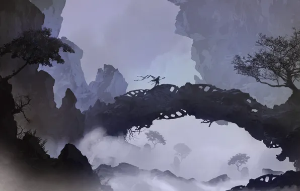 Mountains, Bridge, Figure, Silhouette, Warrior, Landscape, Art, Landscapes