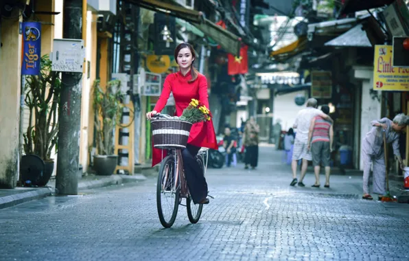 Girl, bike, the city, street, Asian