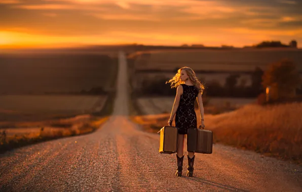 Picture girl, the way, road.suitcases