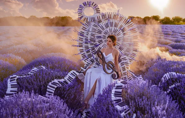 Summer, girl, nature, style, music, keys, white dress, lavender