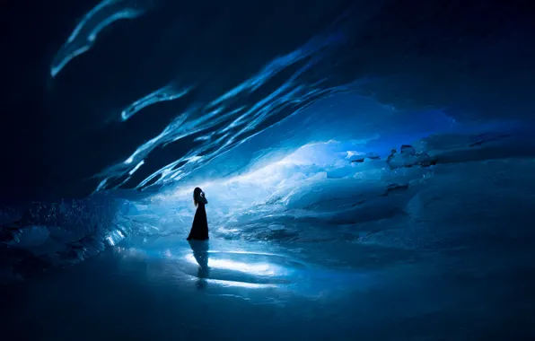 Cold, ice, winter, girl, light, nature, pose, reflection