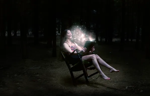 Forest, girl, night, fantasy, lights, chair, book, brown hair