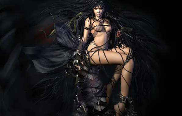 Girl, black, hair, snake