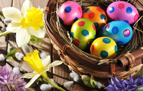 Flowers, eggs, spring, colorful, Easter, happy, wood, flowers
