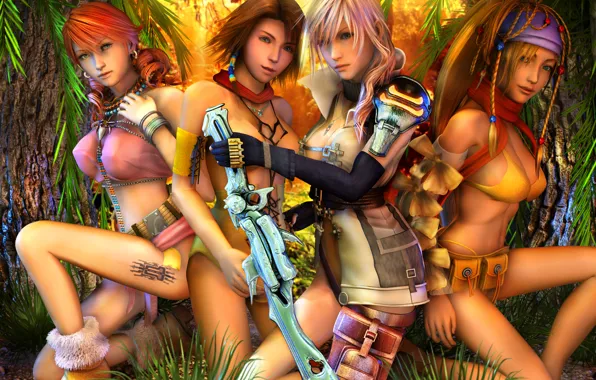 Forest, girls, sword, tattoo, Final Fantasy XIII