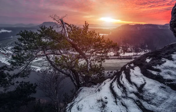 Sunset, river, tree, mountain