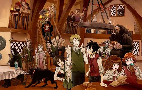 Dragon, wolf, characters, Ron, Hermione, harry potter, gagret, the pub