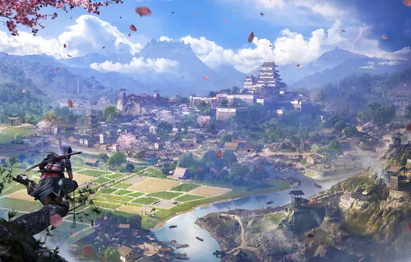 Clouds, mountains, castle, The game, Japan, Art, ninja, Shinobi